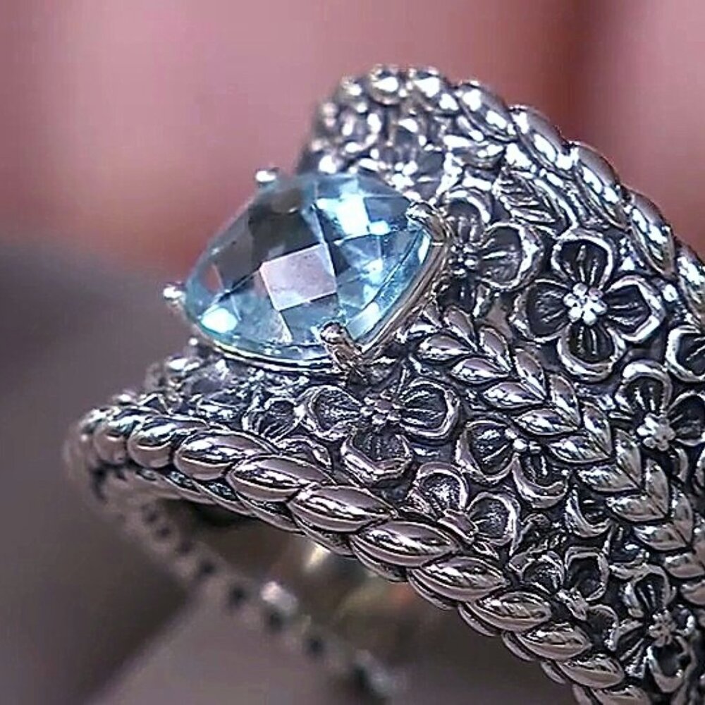 John Hardy JAI Blue Topaz+Floral Textured Saddle Band Sterling Silver Ring-7 NIB - Picture 11 of 15